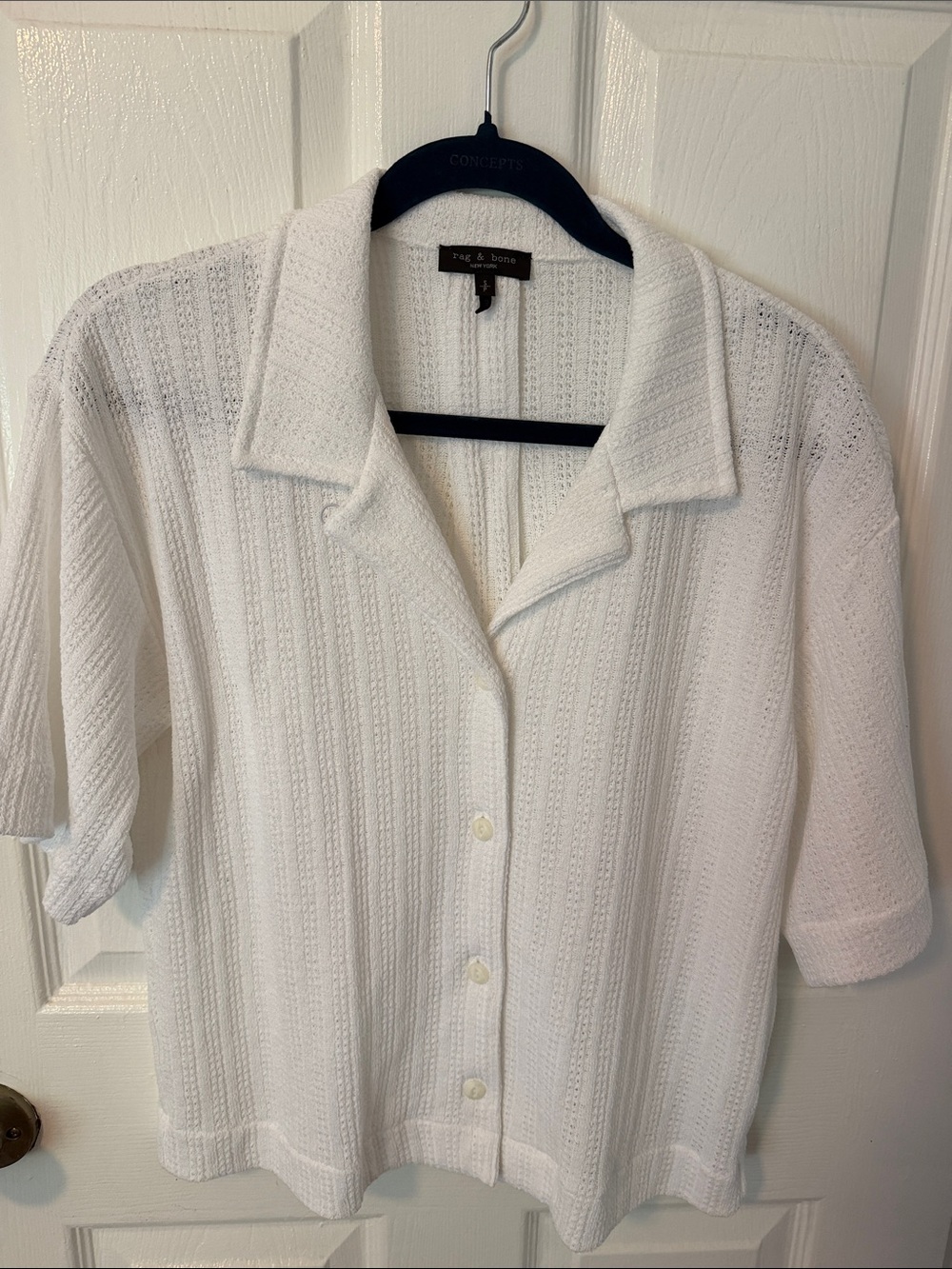 rag & bone White Short Sleeve Open-Collar Knit Button-Down